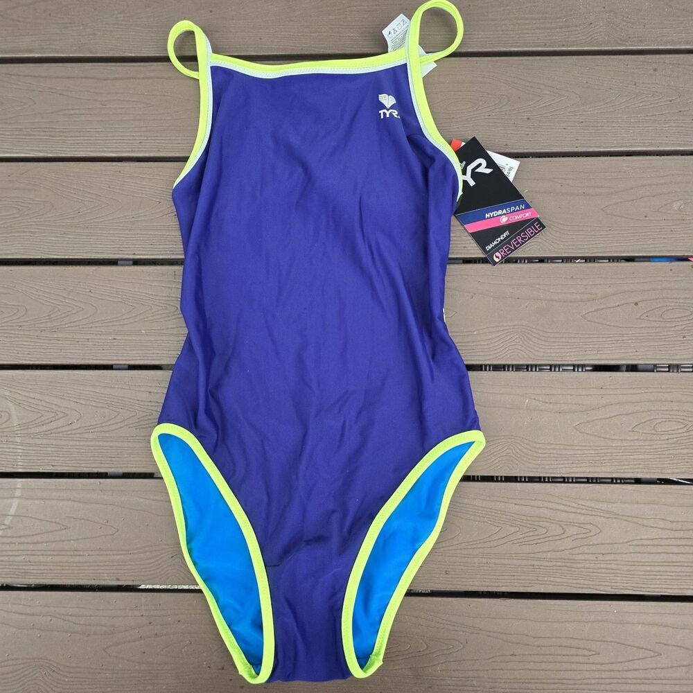 TYR Swimsuit Womens Neon/Navy/blue Hydra Span Reversible Diamond Fit Sz S New